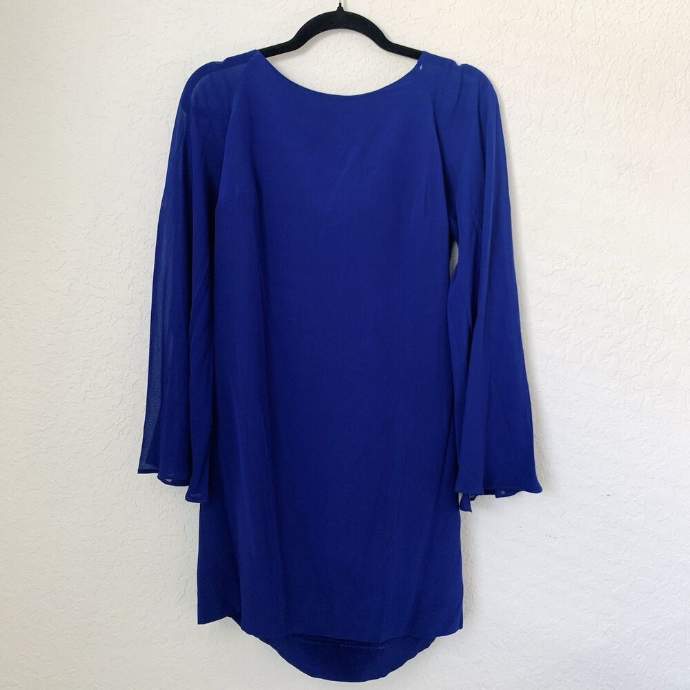 Artelier Nicole Miller Dress Women Small 100% Silk‎ Blue Long Sleeve Shift Bold